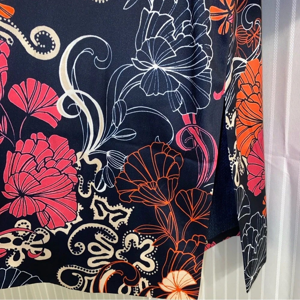 Chico's Silky Kimono Navy/ Pink/ Orange/ Cream Floral size XS - Picture 4 of 7